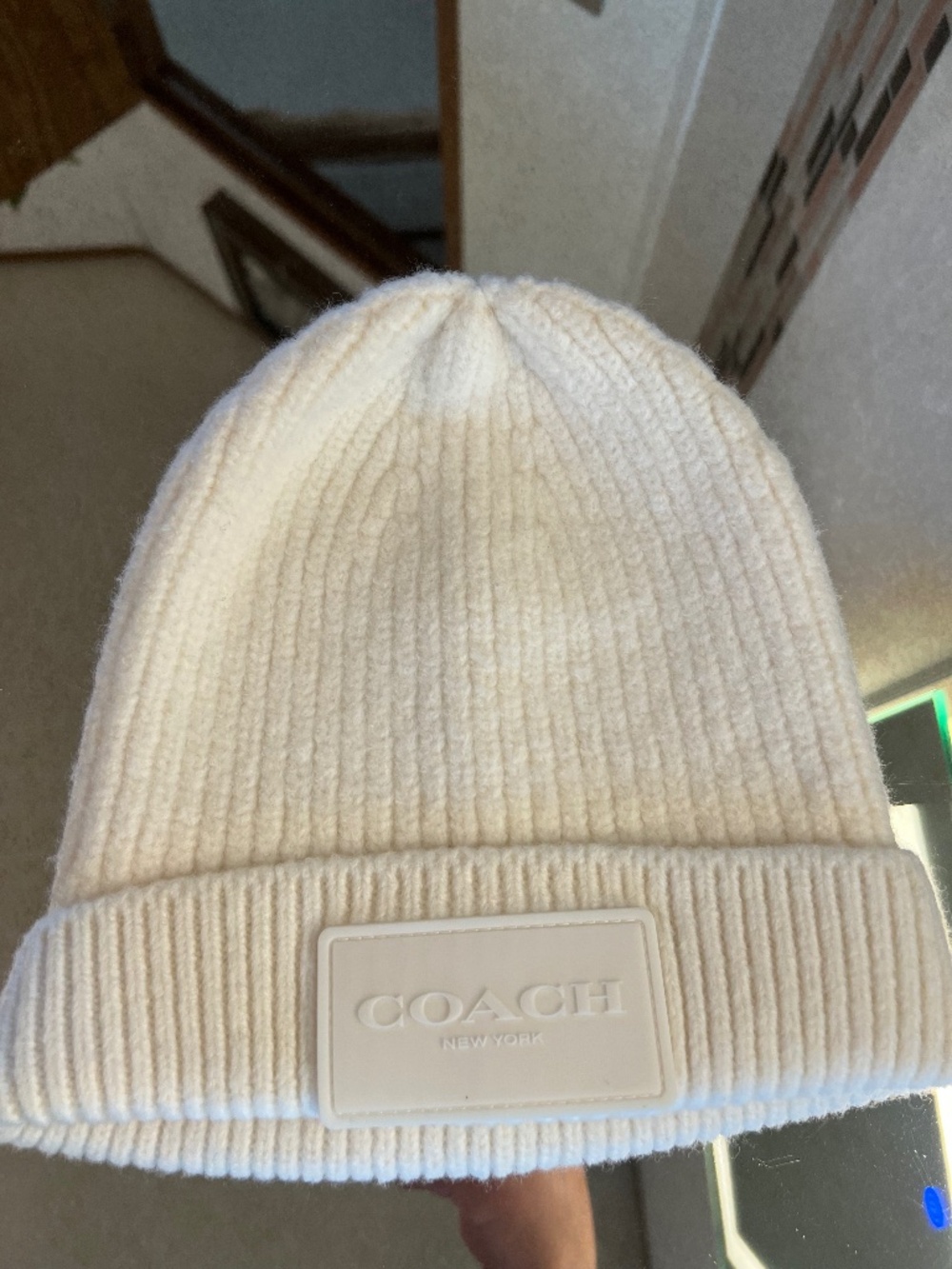 Coach Cream Ribbed Knit Beanie with Logo Patch